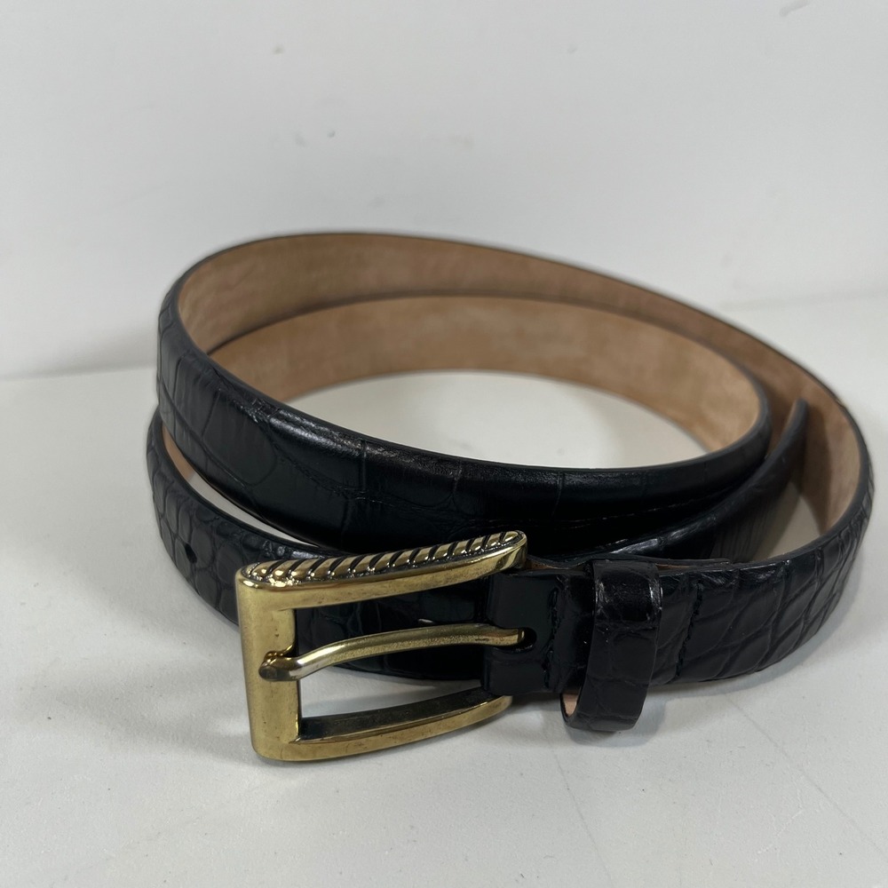 Vtg Talbots Belt Women Large Black Croc Embossed Leather Gold Buckle Classic Y2K